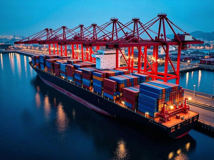 Container ship berthed at a port terminal at dusk