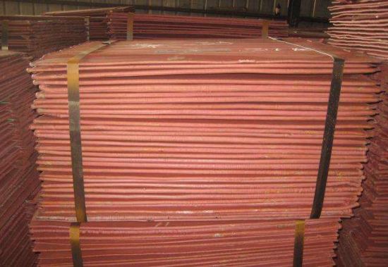 Copper cathode plates stacked in a warehouse