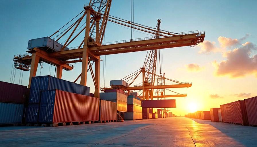 Port cranes lifting containers during golden hour