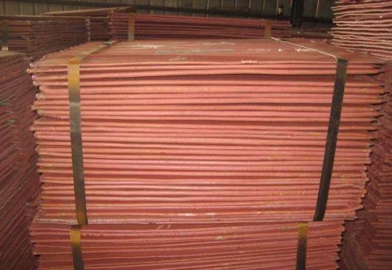 Copper cathode plates stacked in a warehouse