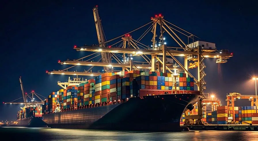 Port terminal operating at night under floodlights
